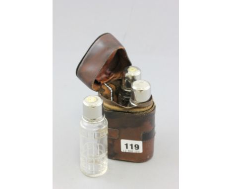 Vintage Leather Cased Three Glass Hip Flask Set