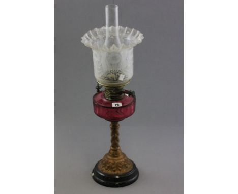 Victorian Oil Lamp with Etched Clear Glass Shade, Cranberry Glass Well and Gilt Metal Stand