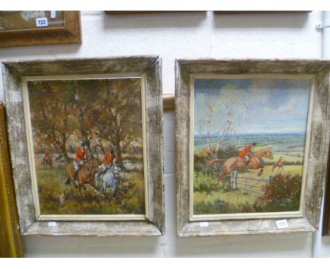 2 x oil on board of fox hunting  