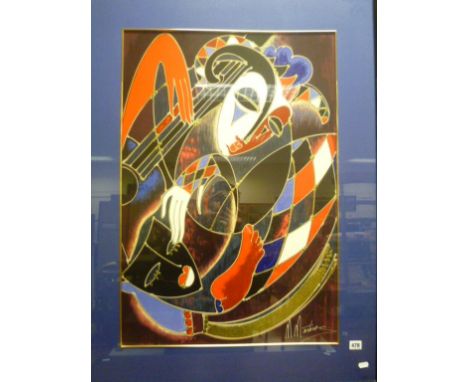 Studio framed mixed method portrait of a harlequin figure, signed  