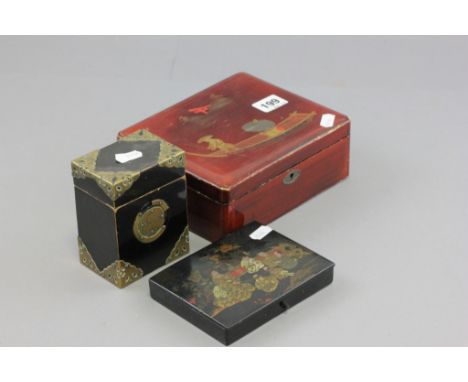 Japanese Lacquered and Brass Mount Playing Card Box and Two Japanese Lacquered Boxes