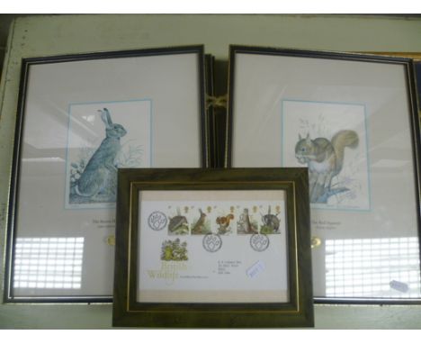 Five Framed and Glazed Signed Limited Edition British Wildlife Prints plus First Day Cover showing the prints made into stamp