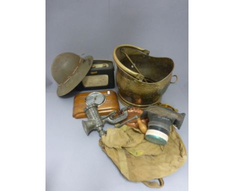 Mixed Lot of Collectables including Roberts Radio, Mincer, Helmet, Coal Scuttle, Barometer, Gas Mask, etc