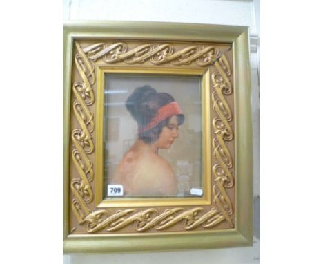 Gilt framed oil painting portrait of a young lady in velvet head band  