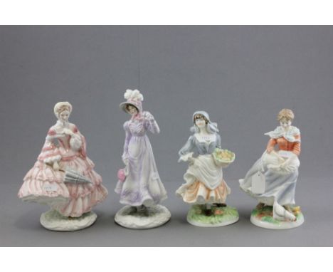 Four Royal Worcester Figurines - Rosie Picking Apples, A Farmer's Wife, 1818 The Regency and 1855 The Crinoline