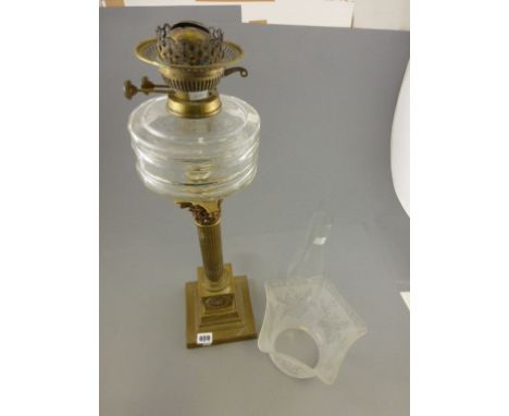 Victorian Oil Lamp with etched glass shade and tall brass column base