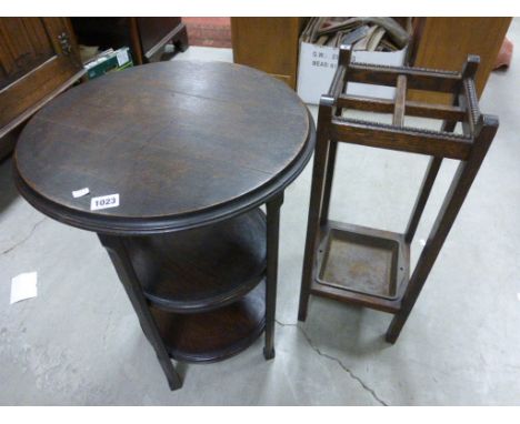 1930's oak stick stand, plus a three tier occasional table with drawer  