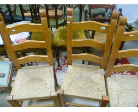 Set of Four Pine Ladder Back Chairs with String Seats