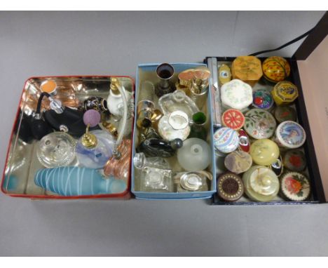 Collection of Glass and Ceramic Perfume Bottles including Caithness plus a Tray of Trinket boxes