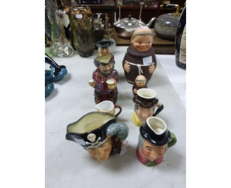 Two Royal Doulton Toby Jugs ' Falstaff ' and ' Happy John ', Royal Doulton Character Jug, Four other Character Jugs, Goebel M