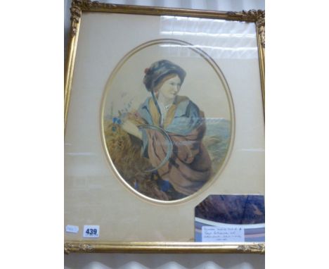 Victorian Gilt Framed and Glazed Oval Watercolour Portrait of a Woman in Bonnet, indistinctly signed (possibly Joseph Barthol