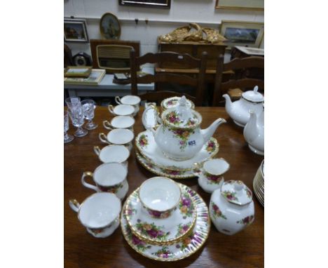 Royal Albert ' Old Country Roses ' Tea ware comprising Teapot, Milk, Sugar, three sandwich plates, 2 side plates, 4 tea plate