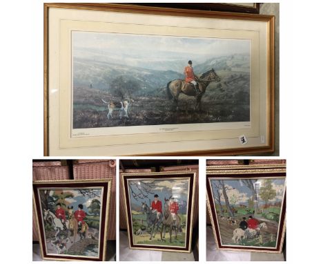Framed & glazed Hunting print 'Mr J Hosegood at Webbers Post' and three framed & glazed hunting tapestries