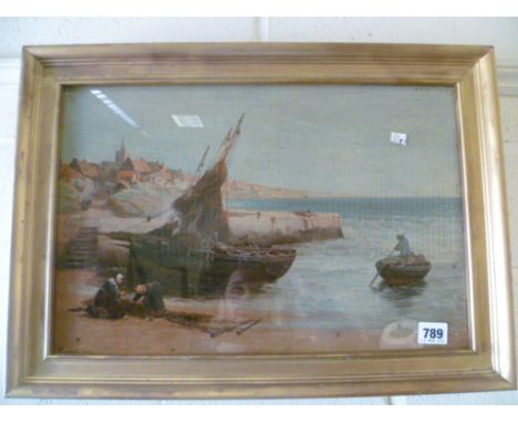 Seascape Print of fishing boats on artists board signed and dated W. Young 1906