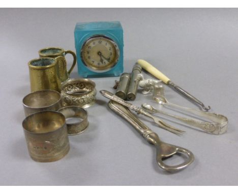 Early 20th century Moulded Blue Glass Cased Mantle Clock, Two Cannister Vesta Case, Silver Thimble and Three Napkin Rings plu