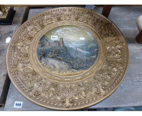 19th Century bohemian hand painted ceramic wall plate depicting river Necktar & castle in high relief, makers stamp for Wilhe