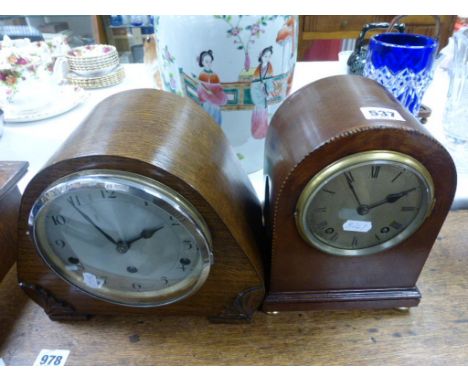 English (Gillett & Johnston) mahogany chiming mantle clock  with platform escapement plus English oak mantle clock  with West