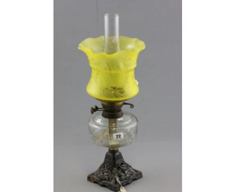 Victorian Oil Lamp with etched yellow glass shade, clear glass well and Cast Iron Stand