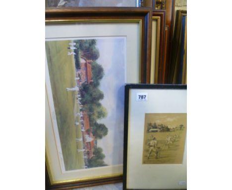 Cricket - Five framed & glazed cricket prints plus a framed oil painting including 'Disturbing his timber yard' by AC Howell