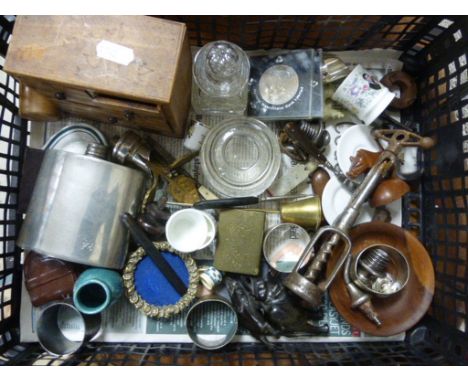 Tray of Small Mixed Collectables including Inkwells Small Chest of Drawers, Corkscrew, Hip Flask, etc