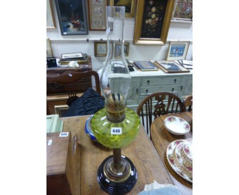 Victorian Oil Lamp with Green Glass Well and Column Support