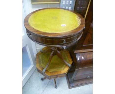 Reproduction Mahogany Effect Drum Table with Leather inset top together with a similar Hexagonal Table