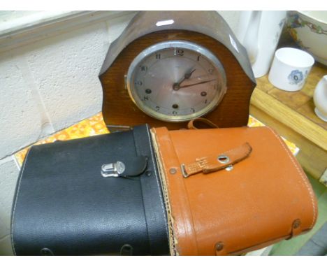 Oak Cased Mantle Clock and Two Cased Sets of Binoculars
