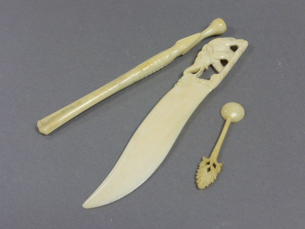 Ivory Elephant Letter Opener, Ivory Crocodile Cheroot Holder and a