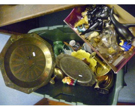 Large Box of Mixed Collectables including Ceramic Cats, Brass, Suitcase, etc