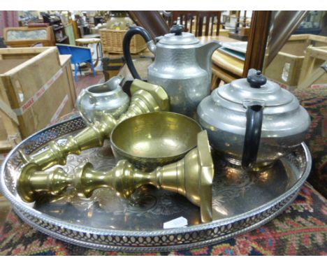 Three Piece Pewter Tea Service, Pair of Brass Candlesticks, Brass Bowl and Silver Plated Gallery Tray