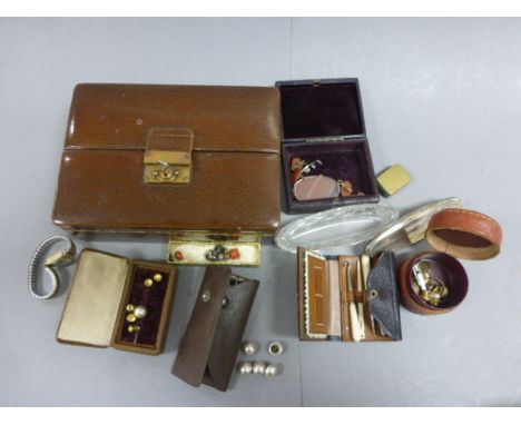 Group of Mixed Items including Studs, Small Brass Snuff Box, Manicure Set, Glass Dressing Jar and a Small Case