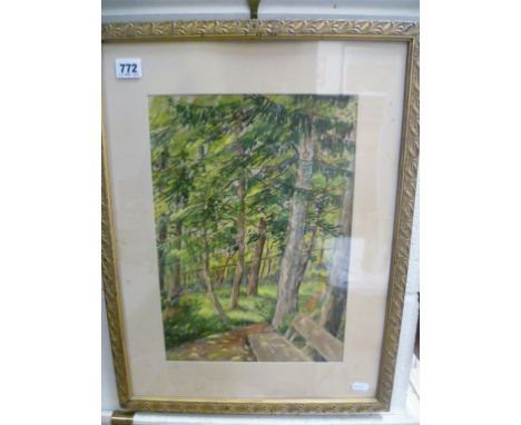 Framed and Glazed Watercolour of Bench in Woodland signed Alml-Kriogzach