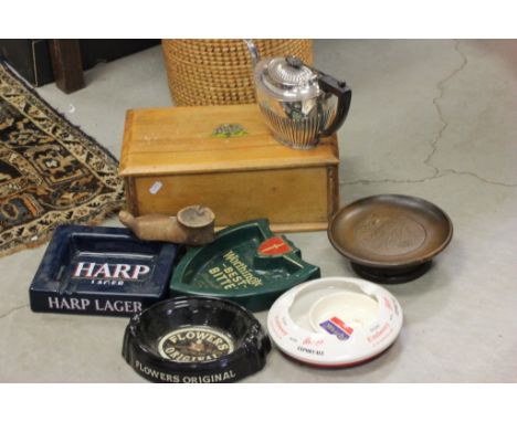 Wooden Box, Wooden Foot Ashtray, Wooden Swiss Musical Bowl, Silver Plated Teapot plus Five Ceramic Pub Advertising Ashtrays