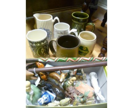 Group of Tankards, Various Figures including Wade and Doulton plus a Tribal Spear and Club