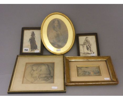 19th Century selection of five portrait studies in gilt & Hogarth frames  
