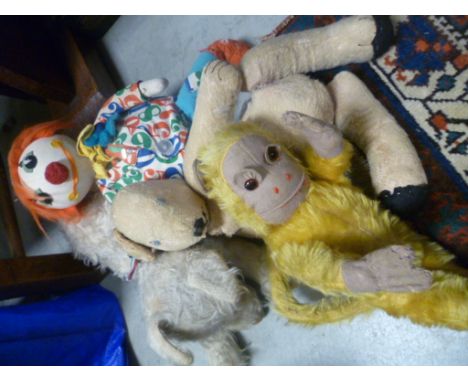 Group of Vintage Soft Toys including Teddy Bear, Monkey, Clown and Dog Pillow Case