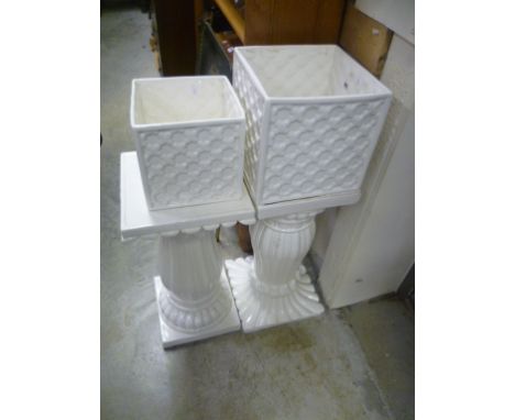 Two White Glazed Ceramic Jardinieres on Stands