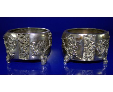 Pair Of Antique Chinese Silver Salts By Wang Hing, Of Shaped Form With Applied Cherry Blossom And Gnarled Trunk Feet, With Ch