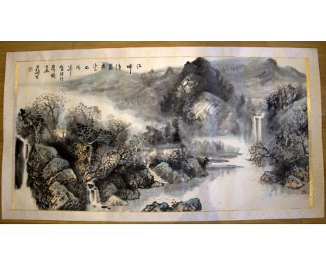 Large Chinese Watercolour Drawing Of A Majestic River Mountainous Landscape, Inscribed And Fully Signed By The Artist With Re