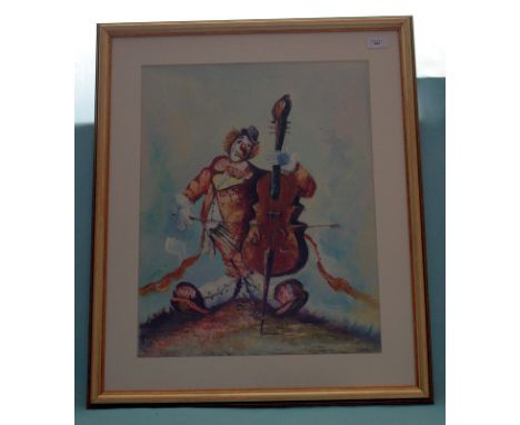 Framed Picture Depicting A Clown Playing A Double Bass, Unsigned, 20x16 Inches 