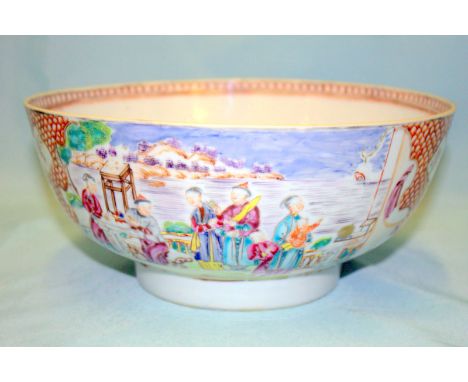 18thC Chinese Export Punch Bowl, In The Mandarin Pattern, With Famille Rose Decoration In Cartouche, Decorated In A Orange Sc