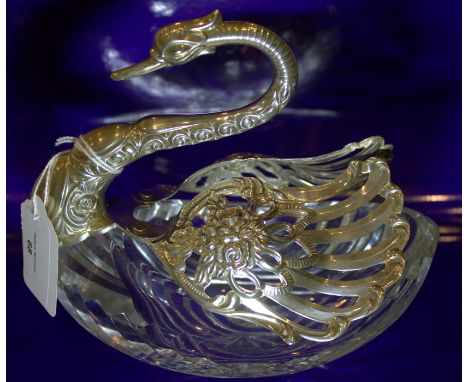 Large Silver Swan Jewellery/Trinket Dish, Cut Crystal Base, Swivel Silver Wings And Silver Neck, London Import Mark, Dated r 