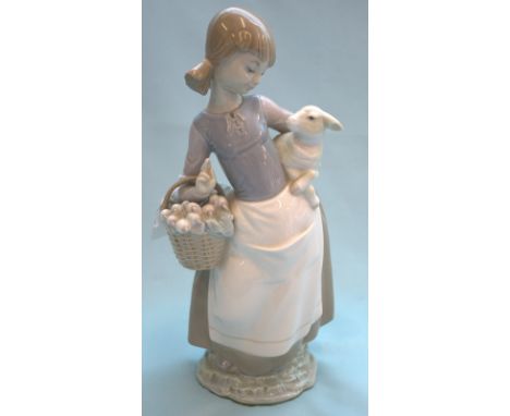 Lladro Figurine, Girl Holding Lamb With Basket Of Spring Onions 
