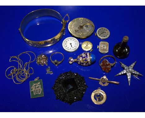 Small Mixed Lot Comprising 9K SG Military Police Bar Pin, 9ct Gold Metal Cored Hinged Engraved Bangle, Watch Movements, Part 