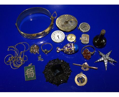 Small Mixed Lot Comprising 9K SG Military Police Bar Pin, 9ct Gold Metal Cored Hinged Engraved Bangle, Watch Movements, Part 