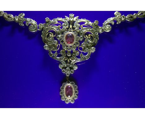 19thC Continental Diamond And Ruby Pendant Necklace, Leaf Floral Design Set With 200+ Rose Cut Diamonds, The Large Pendant An