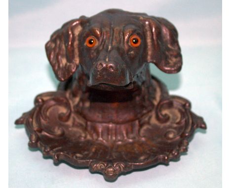 Rare Bronzed Coalbrookdale Style Cast Iron Dogs Head Inkwell, Inset Glass Eyes, Hinged Neck To Reveal Porcelain Well, Height 