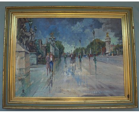 R KITCHEN Impressionist Oil On Board, Title April In Paris, Depicting Figures On A Boulevard, 12x14 Inches, Gilt Frame 