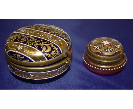Venetian Bristol Blue Glass Trinket Dish With Cover, Gilt Enamelled Decoration, Metal Mounts. Together With A Cranberry Glass