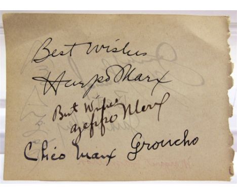 AUTOGRAPHS - THE MARX BROTHERS American family comedy act: a slip of paper signed in various inks by four of the five brother